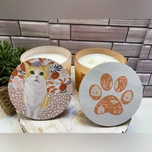 Sand  + paws ❤️ 12 oz candle set with Orange Tabby cat  & Paw Painted Lid New